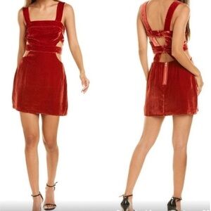 For Love And Lemons Kate Silk-Blend Crushed Velvet Overall Dress in Red Rust Sm